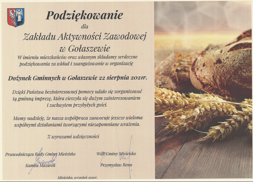 Zdjęcie przedstawia skan podziękowania Wójta i Rady Gminy Mieścisko za pomoc w urządzeniu dożynek Gminnych